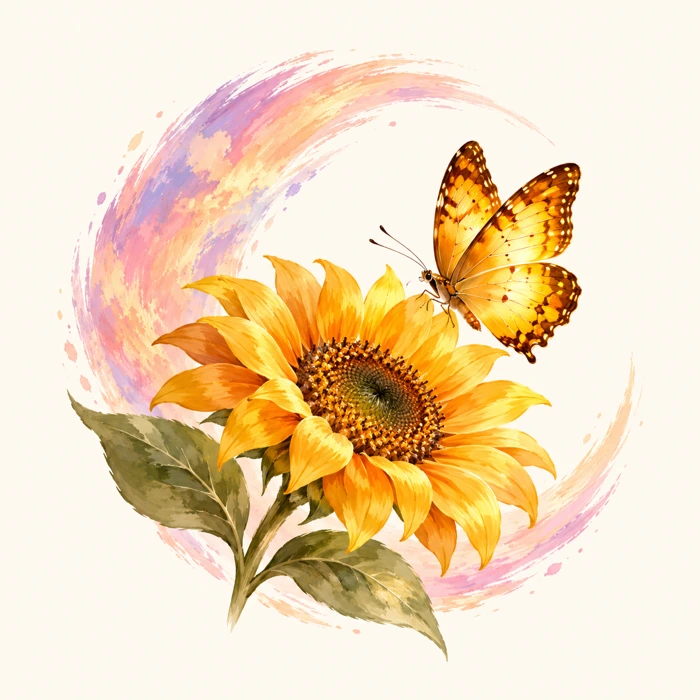 A sunflower and yellow butterfly framed by soft brushstrokes